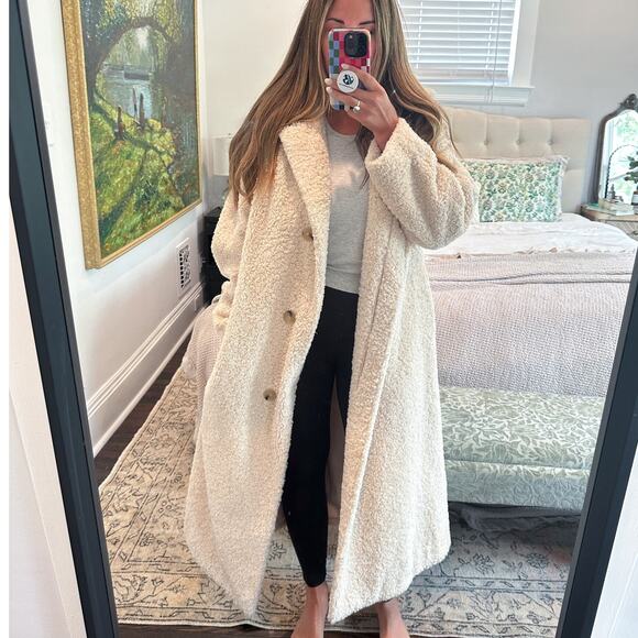 Vince Teddy Cream Faux Fur Long Wrap Coat Size Large - Picture 1 of 13
